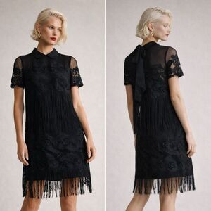 Maeve Anthropologie Black Lace Fringe Shift Dress S Removable Collar Bow Back